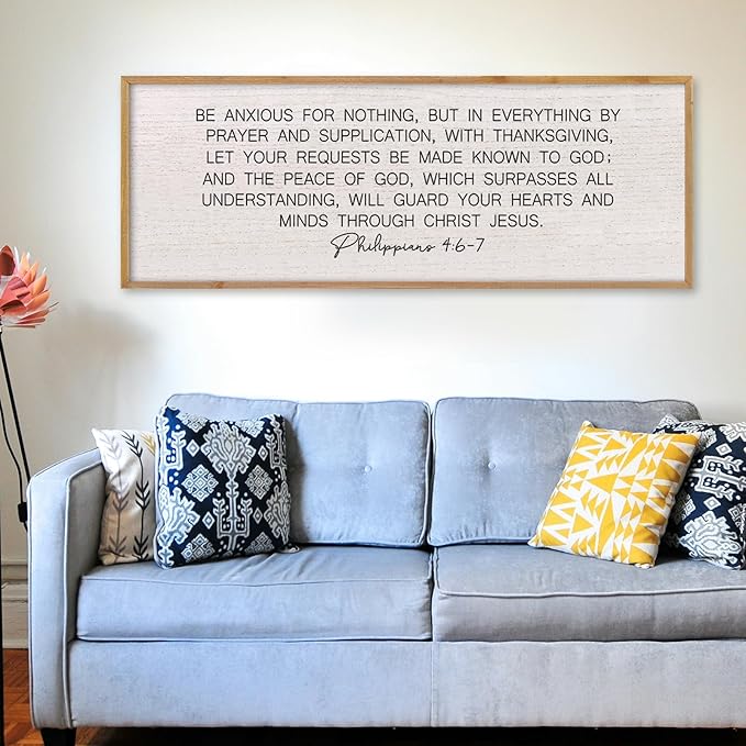 LuZhiQiang Be Anxious for Nothing Wall Decor 40"×15" Philippians 4:6-7 Bible Verse Sign Large Christian Scripture Wood Framed Hanging Decor (Wood)-Ruum Studio Home