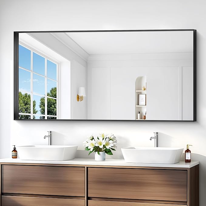 Black Bathroom Mirror, 30x60 Inch Rectangular Deep Frame Mirror, Large Wall Mounted Bathroom Vanity Mirror Over Sink for Bedroom,Restroom, Living Room, Hangs Vertically or Horizontally-Ruum Studio Home