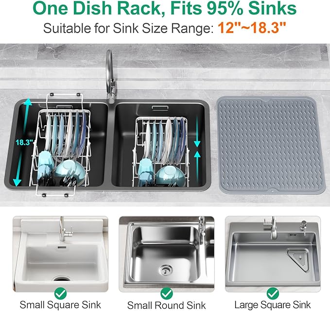 GSlife Expandable in Sink Dish Drying Rack Small with Silicone Mat - Stainless Steel Capacity Adjustable Over The Sink Dish Rack with Utensil Holder for Counter or Inside Sink (12.4" -16.8"), Silver-Ruum Studio Home