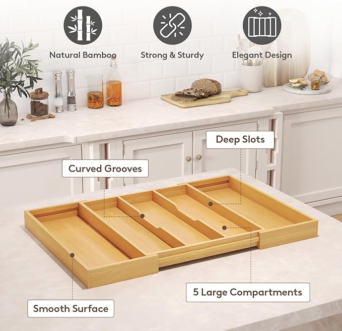 Lifewit Utensil Organizer for Kitchen Drawer, Expandable Cooking Utensil Tray, Bamboo Cutlery Silverware Flatware Holder, Adjustable Spatula Tools Gadget Storage Divider, 28 x18.5 x 2 inches, Natural-Ruum Studio Home
