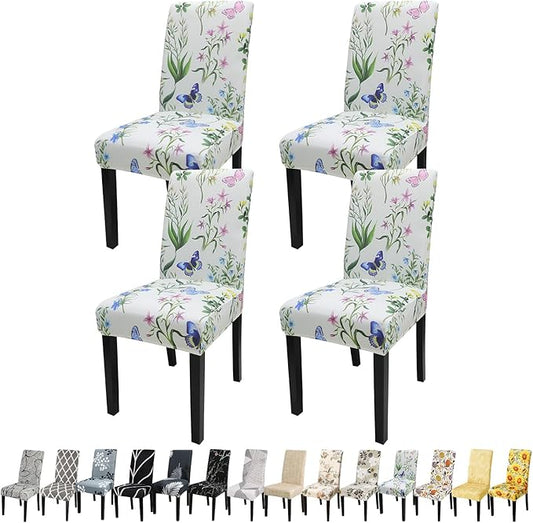 JQinHome Pattern Chair Covers for Dining Room Set of 4, High Stretch Removable Washable Parsons Chair Slipcover for Home Party Hotel Wedding Ceremony (Flowering Butterflies,4PCS)