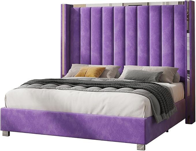 Jocisland Queen Bed Frame with 58" Tall Headboard, Velvet Upholstered Platform Bed with Channel Tufted Wingback Headboard and Plating Trim, No Box Spring Needed, Purple-Ruum Studio Home