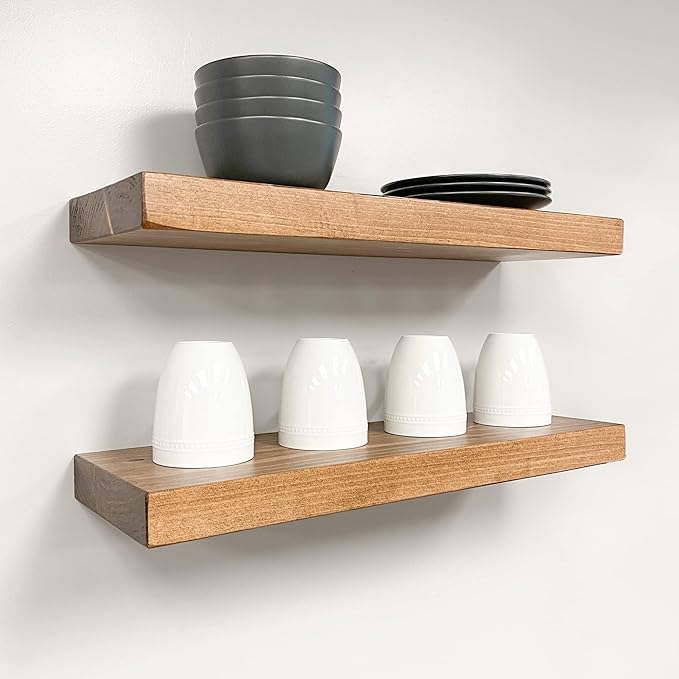 URBANDI, Rustic Floating Shelves, Set of 2, Hidden Bracket, Solid Wood, Heavy Duty, Wall Mounted Shelves, (Brown, 12Wx10D)-Ruum Studio Home