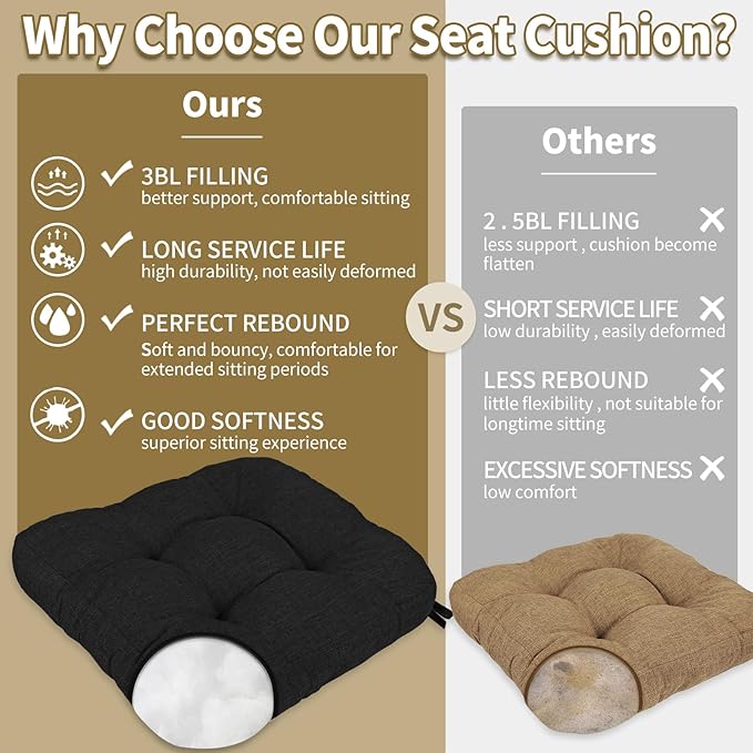 BUYUE Chair Cushion Set for Rocking Chair, Back Pillow & Seat Cushion with Ties, Original Woven Fabric Non-Slip Chair Pads for Elderly Sitting, Black-Ruum Studio Home