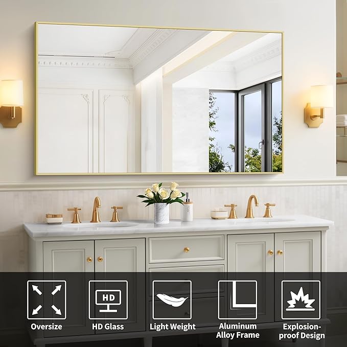 30x55In Gold Bathroom Mirror for Wall, Brushed Gold Rectangle Mirrors with Metal Frame, Bathroom Rectangular Mirror Modern Wall Mirror for Bedroom Living Room, Hangs Horizontal or Vertical-Ruum Studio Home