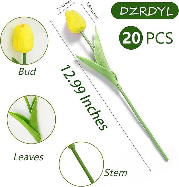 20pcs Yellow Artificial Tulip Fake Flower 12.9 Inch Spring Mother's Day Easter Gift for Home Kitchen Wedding Decoration-Ruum Studio Home