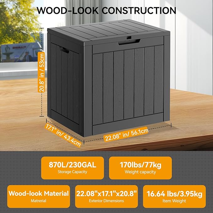 KAMABOKO Deck Box, 32 Gallon Resin Indoor and Outdoor Storage Boxes Waterproof for Garden Tools, Pool Accessories Storage Bench, Patio Furniture and Cushions with Lockable Lid, Black-Ruum Studio Home