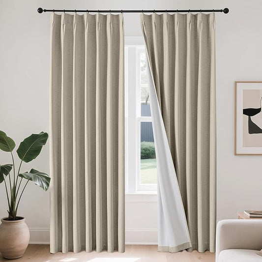 Joydeco Pinch Pleated Linen Curtains Darkening Drapes for Bedroom, 100% Blackout Drapes 96 inches Long 2 Panels Heat Blocking Curtains(Cobblestone,40'' Wx96'' L)-Ruum Studio Home