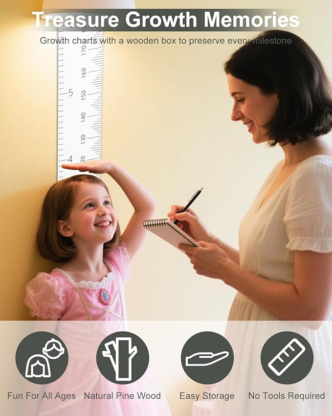 6.5FT Growth Chart for Kids with Wooden Keepsake Box - Children Height Measurement Kit Includes Marker Pen & Wall Hook, Height Tracker Ruler Baby Essentials, Nursery Room Decor Gift for Baby to Teen-Ruum Studio Home