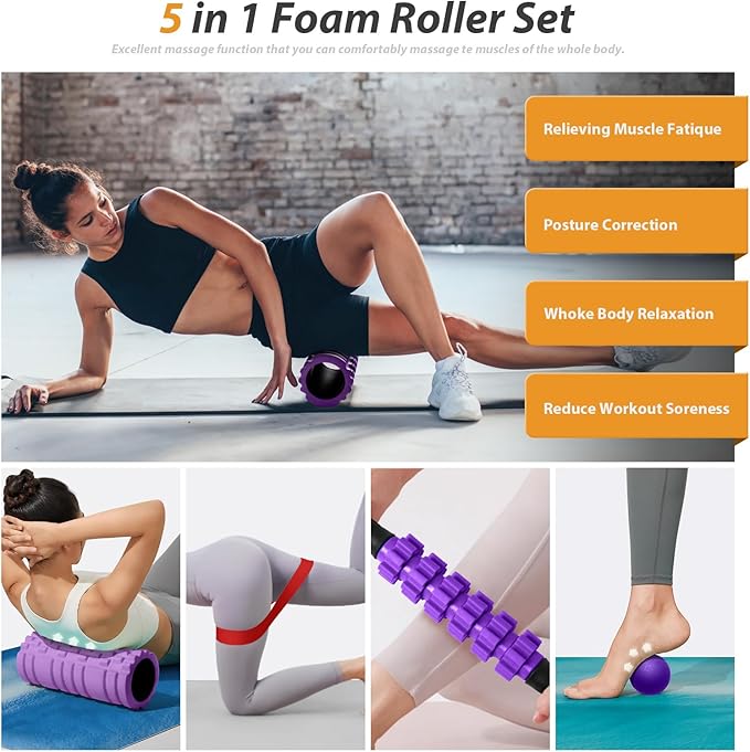 5 in 1 Foam Roller Set for Deep Tissue Muscle Massage, High Density Trigger Point Fitness Patented Exercise Foam Roller, Massage Roller, Massage Ball, Resistance Band, for Whole Body(Purple)-Ruum Studio Home