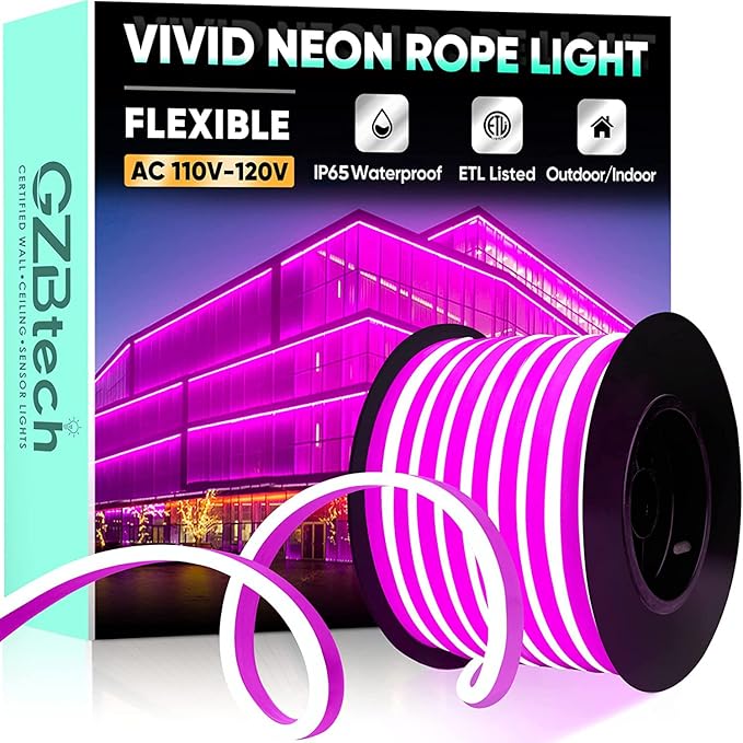 GZBtech Flexible LED Neon Rope Lights 66FT,AC 110-120V Waterproof Strip Light, 120 LEDs/M Cuttable Connectable Neon Lighting for Indoor Outdoor Home Decor/Commercial Building Use-Pink 20M-Ruum Studio Home