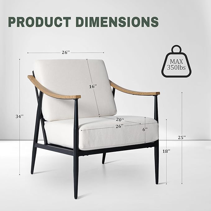 Modern Accent Chair for Living Room Bedroom Mid Century Arm Chair Upholstered Office Accent Chair Comfy Waiting Room Chair with Metal Frame, Cream White-Ruum Studio Home