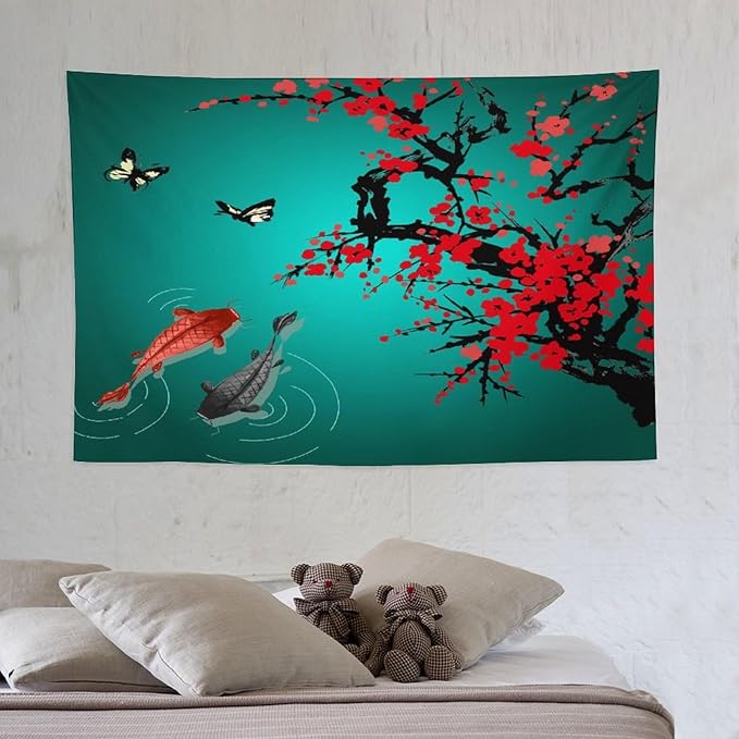 Houselerax Japanese Koi Fish Tapestry, Cherry Blossoms Asian Oriental Green Teal Floral Branch Koi Fish Carp Tapestries Wall Hanging for Bedroom Living Room Office Decor 60"x40"-Ruum Studio Home