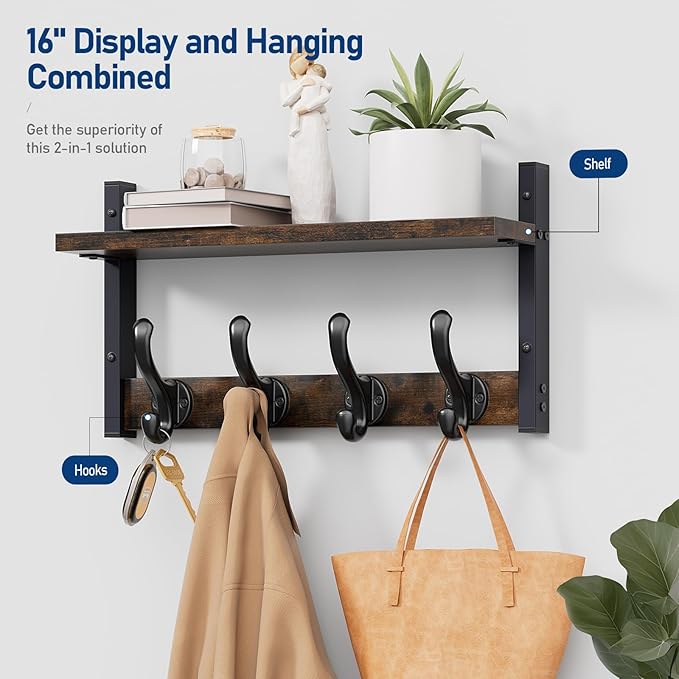 Tatub 16" Rustic Coat Rack Wall Mount with Shelf, Wall Hooks with Shelf, Heavy Duty Entryway Organizer Hangers for Hanging, Hat, Bag, Jacket for Bathroom, Living Room, Bedroom-Ruum Studio Home