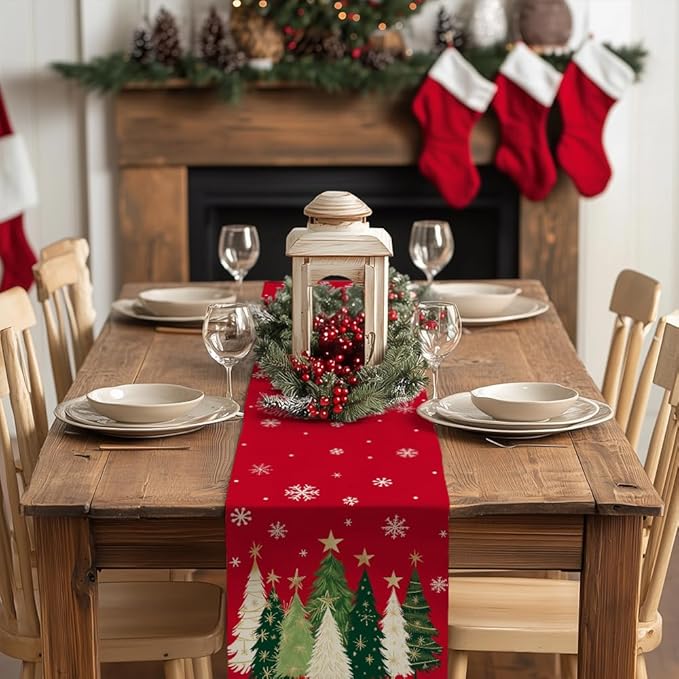 GEEORY Christmas Table Runner 13x108 Inch, Xmas Trees Snowflakes Holiday Decorative Farmhouse Table Decoration for Kitchen Dinning, Indoor Outdoor Dinner Party Decor (Red) GT150-108-Ruum Studio Home
