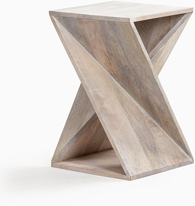 Modern Hand Made One-of-a-Kind Carved Mango Wood End Table, Farmhouse Side Table,Farmhouse End Table,Living Room,Bedroom, Accent Table, Contemporary Architectural Designed Whitewash,Assembled-Ruum Studio Home