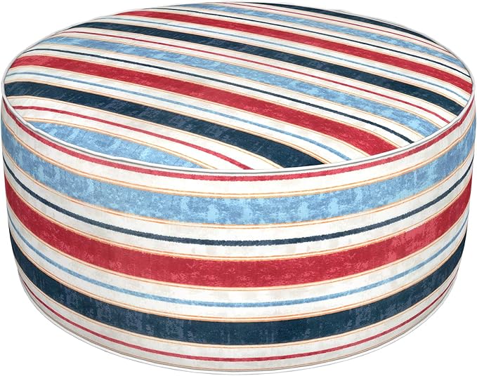 Inflatable Ottoman Stool D31 xH14 for Outdoor/Indoor Use, Water Repellent Patio Foot Rest Stool with Portable Handle,Round Pouf Ottoman Suitable for Garden,Deck and Camping - Stripe Red Blue-Ruum Studio Home