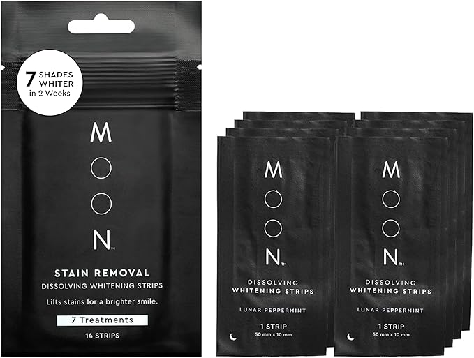 MOON Dissolving Teeth Whitening Strips - Vegan, Easy-to-Use, No Rinse White Strips - Hydrogen Peroxide and Essential Oils Infused Gentle Teeth Whitening Kit - Travel Essentials for Oral Care (14 Ct)-Ruum Studio Home