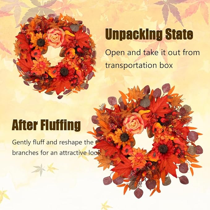 24" Fall Wreath for Front Door Outside - Sunflower, Pumpkin, Berry & Maple Leaves | Weatherproof Autumn Outdoor Wreaths with Hanger Hook for Thanksgiving, Harvest-Ruum Studio Home