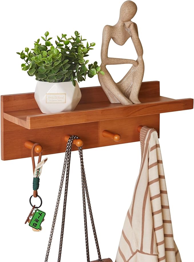Wall Mounted Hook with Shelf,15.75in Entryway Wall Hanging Shelf,Solid Wood Coat Hooks,for Bathroom, Kitchen,Cherry Wood Color YD-WS0240C-Ruum Studio Home