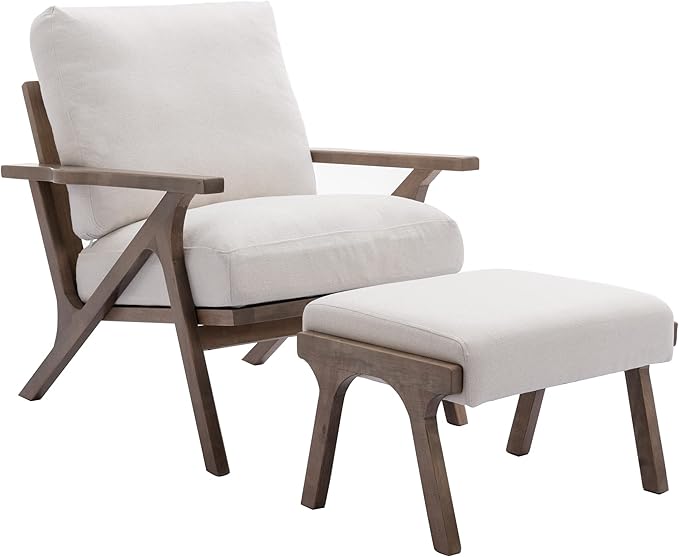 chairus Mid-Century Modern Accent Chair with Ottoman, Linen Fabric Armchair with Wood Legs Comfy Upholstered Single Sofa Chair for Living Room/Bedroom/Lounge, White-Ruum Studio Home