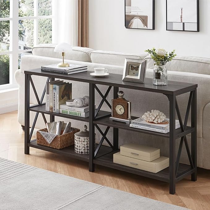 LVB Rustic Console Table, Industrial Modern Sofa Table Behind Couch, Long Metal Wood Entryway Table with Storage Shelf, Farmhouse Foyer Hallway Table for Home Living Room Bedroom, Dark Gray Oak, 63 in-Ruum Studio Home