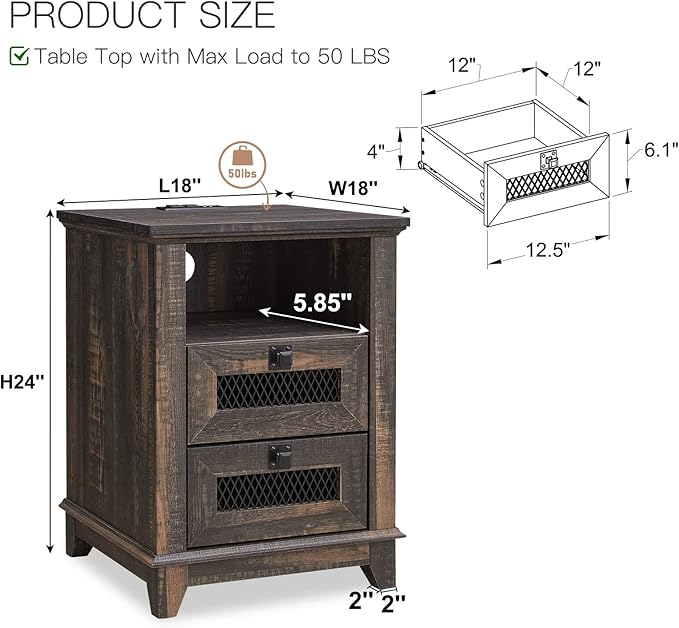 OKD Nightstand with Charging Station, 18'' Industrial & Farmhouse End Table with 2 Drawers & Open Cubby, Rustic Mesh Drawer Sofa Side Table w/Storage for Bedroom, Living Room, Office, Dark Rustic Oak-Ruum Studio Home