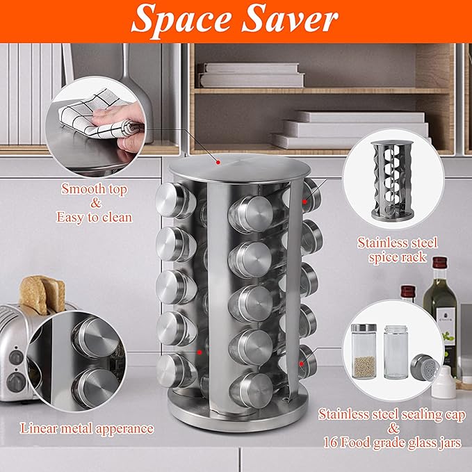 DOUBLE 2 C Revolving Spice Rack with 20 Jars, Rotating Spice Rack Organizer, Seasoning Organizer with Labels, Stainless Steel Spice Carousel for Kitchen Countertop, Cabinet-Ruum Studio Home