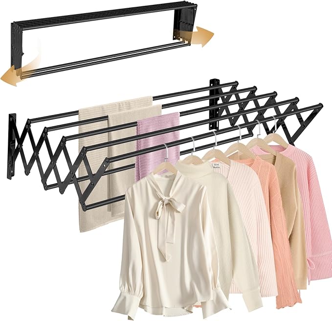 XL-31.5'' Wall Mounted Clothes Drying Rack, 130 lbs Large Capacity Rustproof Retractable Collapsible Drying Rack Easy Install with 7 Drying Rods, Space Saving Towel Clothes Rack for Laundry-Black-Ruum Studio Home
