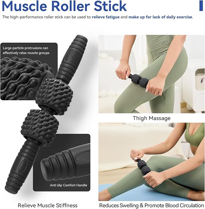 5 in 1 Foam Roller Set, High Density Foam Roller, Muscle Roller Stick, Massage Ball, Resistance Band for Physical Therapy & Deep Tissue Muscle Massage (Black)-Ruum Studio Home