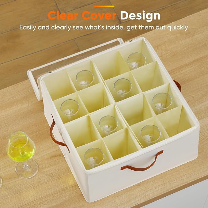 Wine Glass Storage Box with Dividers, 2 Pack Glassware Storage Containers, Stemware Storage Cases Holds 32 Wine Glasses, Stackable Crystal Storage Containers with Clear Cover for Moving，Beige-Ruum Studio Home