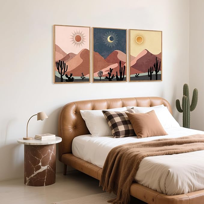 HPNIUB Boho Desert Framed Canvas Wall Art Set, Abstract Sun Moon Art Prints, Modern Cactus Paintings Artwork, Mid Century Southwestern Landscape Wall Decor for Living Room, Bedroom, Office-16 x24 x3-Ruum Studio Home