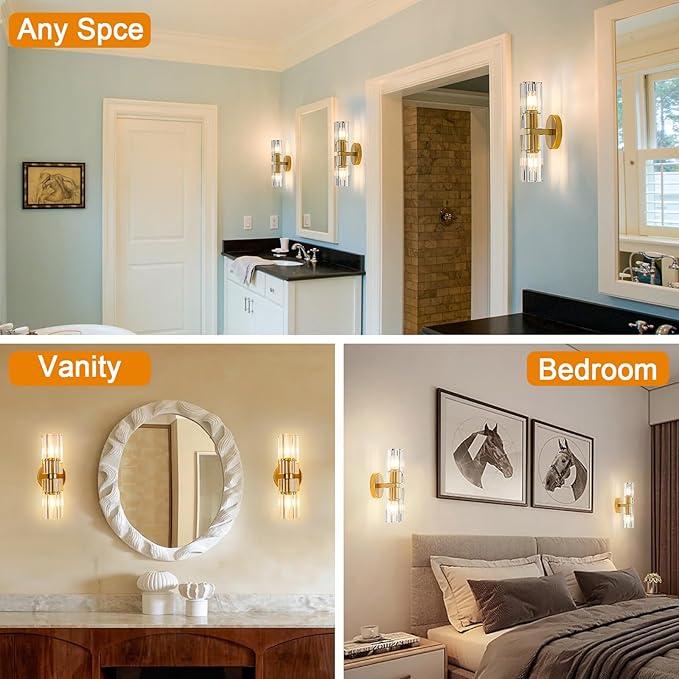 Gold Crystal Wall Sconces Set of Two, Wall Sconce Set of 2, Brass Sconces Wall Lighting with K9 Crystal Lampshade, Wall Lights for Bedroom Living Room Bathroom Hallway-Ruum Studio Home