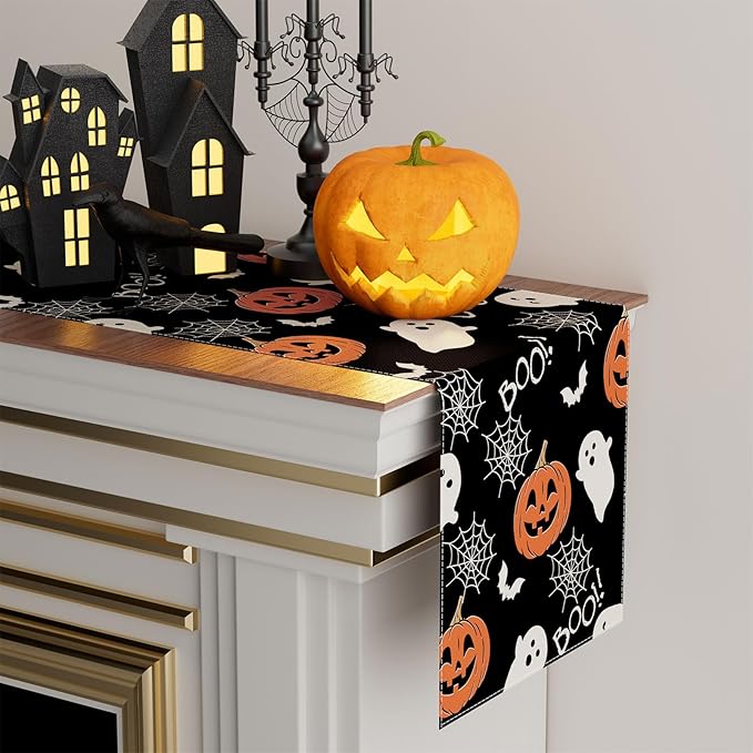 XCHI Boo Spooky Ghost Pumpkin Halloween Table Runner Burlap Table Decoration for Home Kitchen Dining Dinner Indoor Holiday Farmhouse Decor 13x36 Inch-Ruum Studio Home