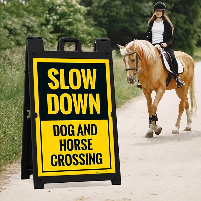 Slow Down Dog and Horse Crossing Sidewalk Sign Kit, 24x36 Inches, with A Frame Stand, Made in USA-Ruum Studio Home