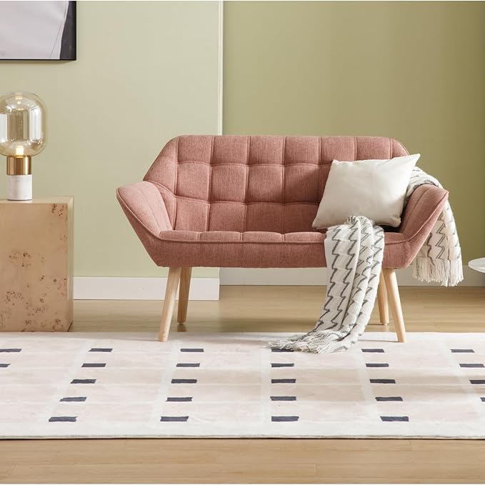 48" Small Loveseat Sofa, Modern Linen Fabric Mini Sofa Couch 2-Seater Love Seat with Quilting Backs and Wood Legs for Living Room, Bedroom and Small Space, Pink-Ruum Studio Home