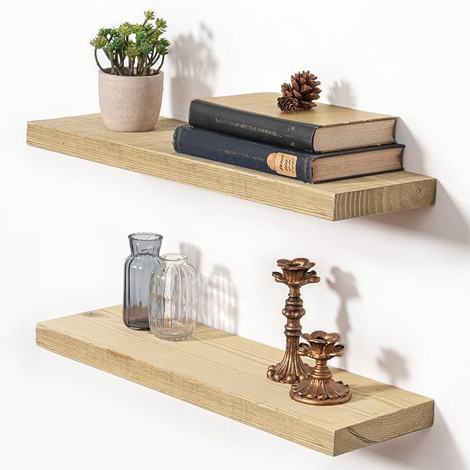 Fun Memories Floating Shelves for Wall Decor, 24"x8" Rustic Reclaimed Wood Shelves, Heavy-Duty Wall Mounted Shelves with Invisible Brackets, Set of 2for Living Room, Bedroom, Kitchen, Natural Finish-Ruum Studio Home