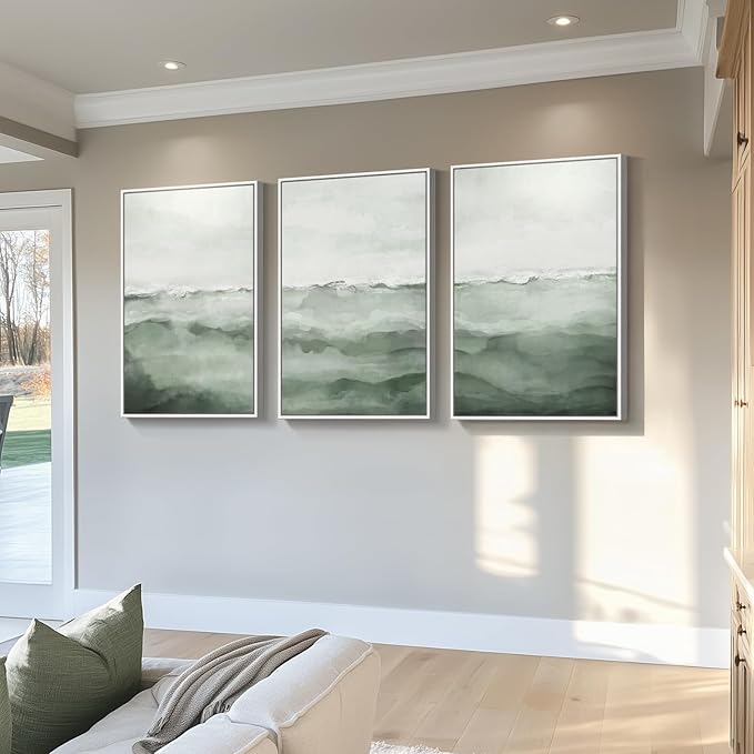 Large Framed Sage Green Abstract Landscape Wall Art for Living Room, 3 Piece Modern Canvas Prints Paintings Artwork for Walls, Minimalist Abstract Pictures for Hallway, Office Wall Decor 24x36 In-Ruum Studio Home