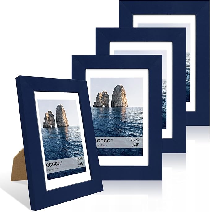 4x6 Picture Frame Set of 4, 4 x 6 Wood Photo Frames with Mat for 3.5x5, Natural Wooden Frame with Real Glass Cover for Wall and Tabletop Display,Blue-Ruum Studio Home