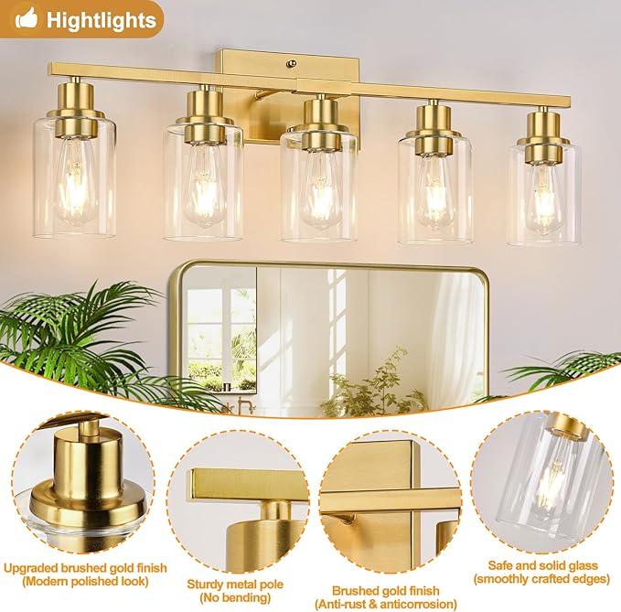 5-Light Bathroom Vanity Light with Clear Glass Shades, Brushed Gold Bathroom Light Fixtures Over Mirror, Modern Vanity Light for Mirror Living Room Cabinet Bedroom Porch-Ruum Studio Home