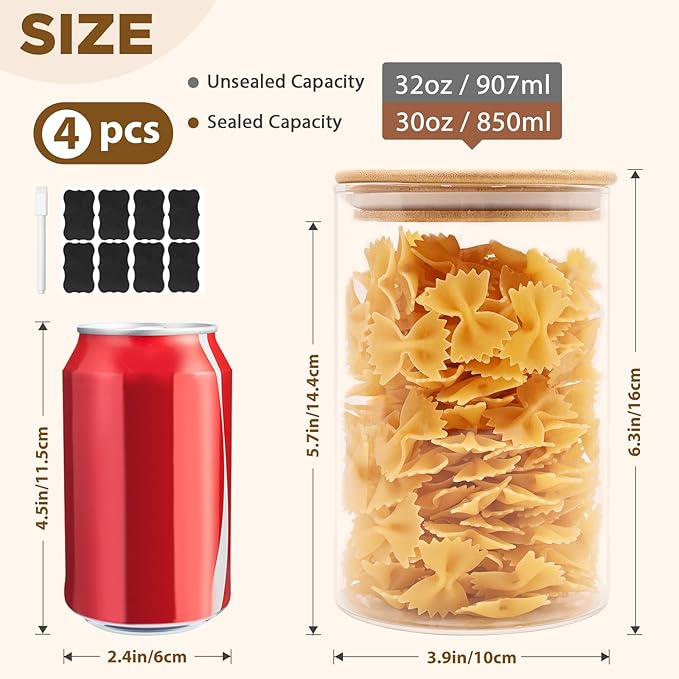 32oz Glass Food Storage Jars, Glass Jars with Bamboo Lids, Kitchen Storage Jars, Canisters with Airtight Lids for Spice, Coffee, Cookie, Set of 4, Pantry Organizers-Ruum Studio Home
