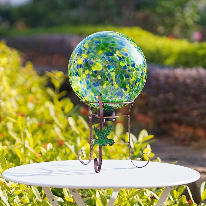 10 Inch Glass Gazing Ball, with 9.4" Tall Metal Gazing Globe Stand, Glass Balls Display Holder Set for Outdoor Garden Lawn Yard Decoration, Bright Summer Burst-Ruum Studio Home