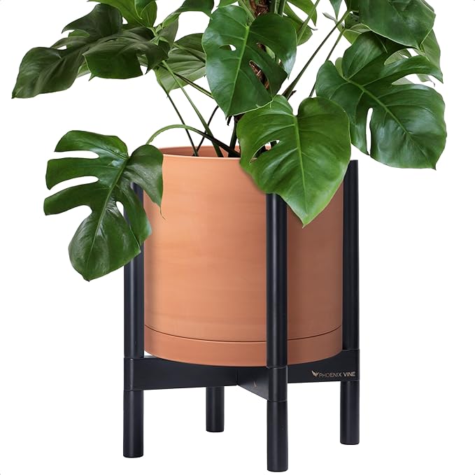 D'vine Dev Terracotta Planter with Ebony Stand - 12 Inch Modern Round Flower Pot with Wood Planter Holder, Terracotta, 55-B-H-5-Ruum Studio Home