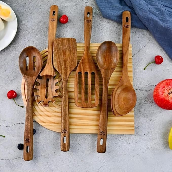 Wooden Utensils for Cooking, Premium Teak Healthy Spoons, Wooden Spoons for Cooking, Durable Eco-Friendly and Safe Teak Cooking Spoon, Cooking Gifts for Mom (set of 6) and Hooks-Ruum Studio Home