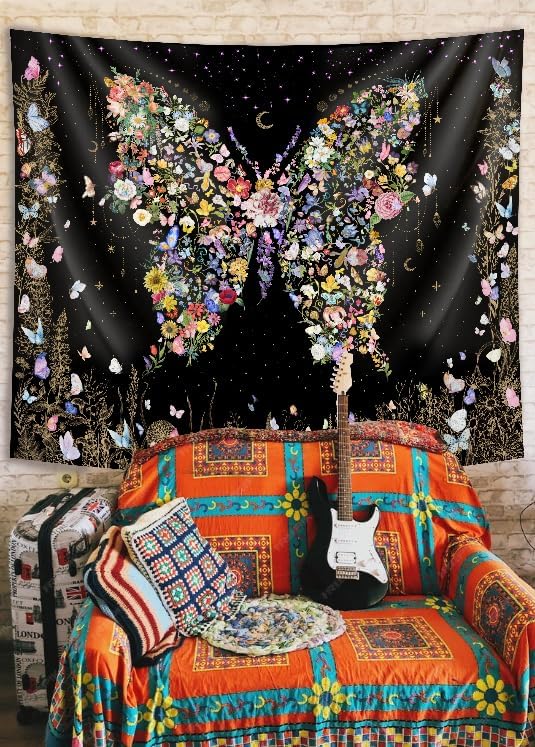 Damanse Butterfly Tapestry Wall Hanging Cute,Boho Wall Tapestry for Bedroom Aesthetic,Flower Living Room Decor for Teen Girls (Black, 59.80" x 78.70")-Ruum Studio Home