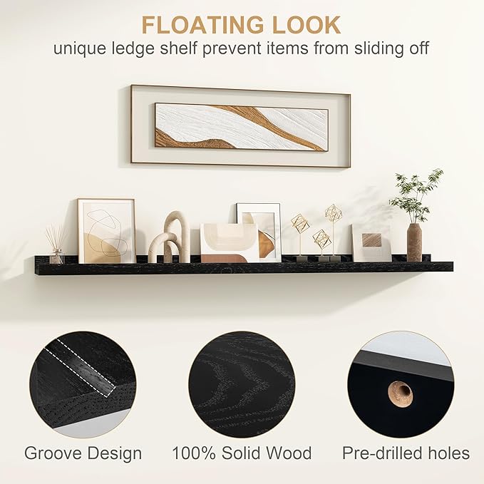 Floating Picture Ledge Shelves 36 Inch Solid Oak Wood Set of 2, Rustic Wall Storage Shelves with Lip, Kids Bookshelf, Photo & Picture Ledge Shelves for Bedroom, Living Room, Kitchen-Ruum Studio Home