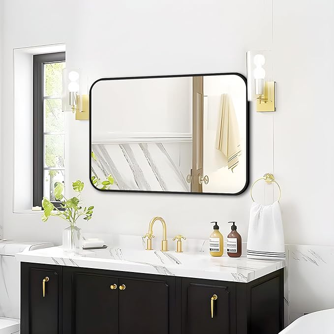Fabuday Black Bathroom Mirror for Over Sink - 20x28 Rounded Rectangle Wall Mirror, Matte Metal Framed Vanity Rectangular Mirrors for Bedroom, Living Room, Entryway Decor, Horizontally/Vertically-Ruum Studio Home