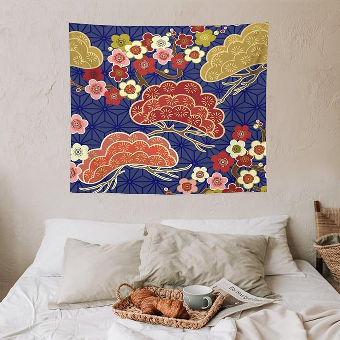 HZOHNAGO Japanese Tapestry Art Abstract Colorful Cherry Blossom Blue Background Pattern Printed Wall Tapestry Painting Wall Hanging for Bedroom Living Room Dorm 60" W x 50" H-Ruum Studio Home