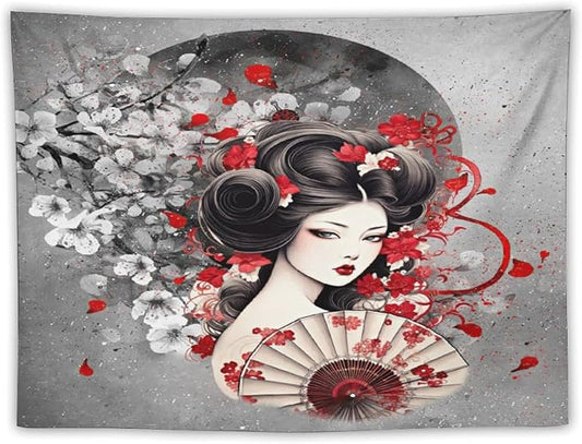 Japanese Geisha Tapestry Asian Red Cherry Blossom Red Sun Traditional Kimono Folk Tapestries Home Decor for Living Room Bedroom Apartment Farmhouse Dorm 90"x60"-Ruum Studio Home