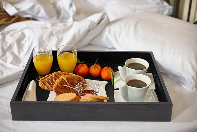 Wood Serving Tray with Handles, Home Decorative Wooden Rectangle Ottoman Decor Platter Vanity Tray for Breakfast Dinner Drinks Kitchen Dining Living Bathroom Restaurants Black-Ruum Studio Home